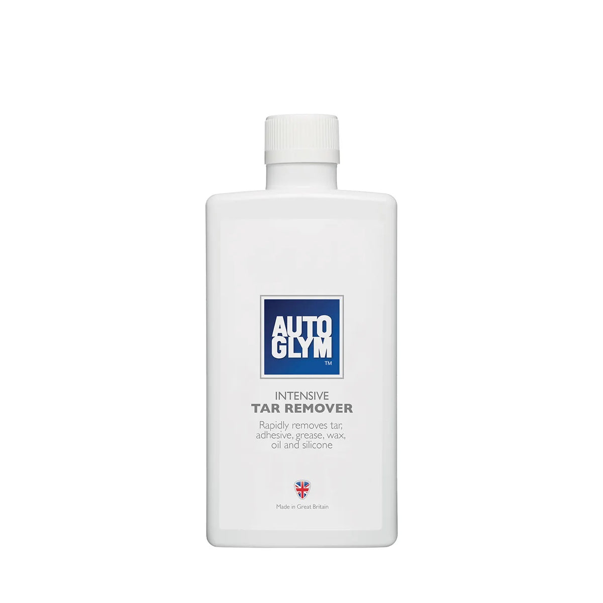 a white bottle with blue text